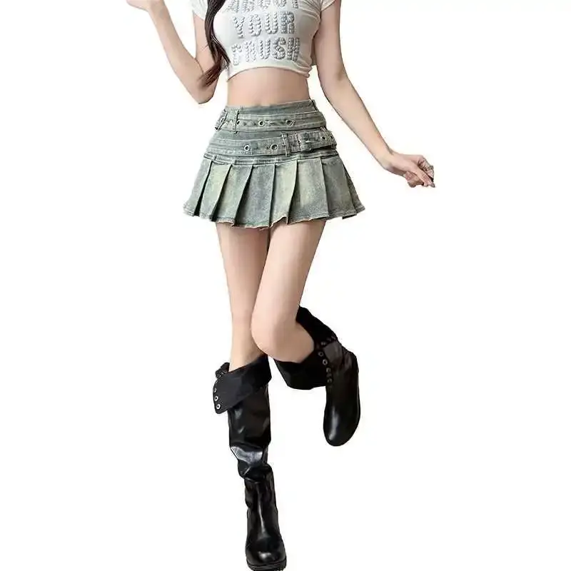 Pure Desire American Style Heavy Work Design Elastic Denim Pleated Mini Skirt for Women Sexy Half-length Skirts