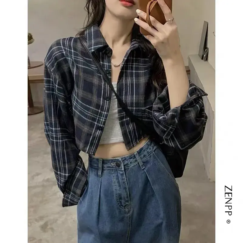 Vintage Plaid Long Sleeve Shirt Women's New 2024 Design Slimming Cropped Top Hong Kong Style Sensibility Spring Autumn
