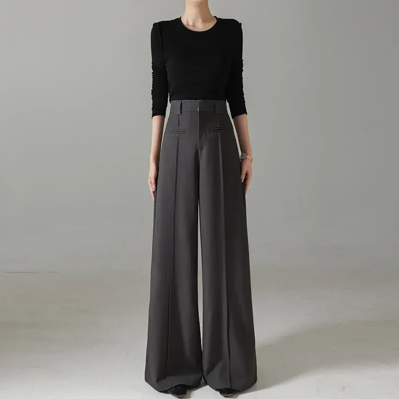 High Waist Straight Leg Suit Pants for Women Casual High Rise Trousers Long Legs Illusion Black Spring New Arrival