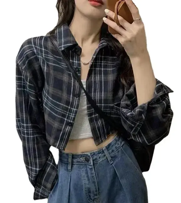 Vintage Plaid Long Sleeve Shirt Women's New 2024 Design Slimming Cropped Top Hong Kong Style Sensibility Spring Autumn