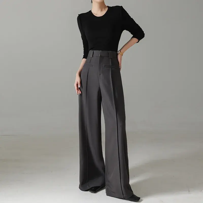 High Waist Straight Leg Suit Pants for Women Casual High Rise Trousers Long Legs Illusion Black Spring New Arrival