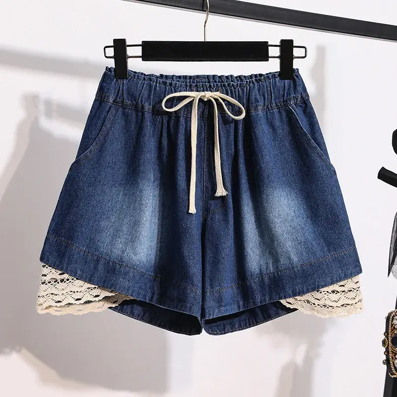 Loose Wide Leg Jeans Shorts Spring Korean Style Lace Trim Elastic Waist for plus Size Women up to 250 Pounds Comfortable Fit