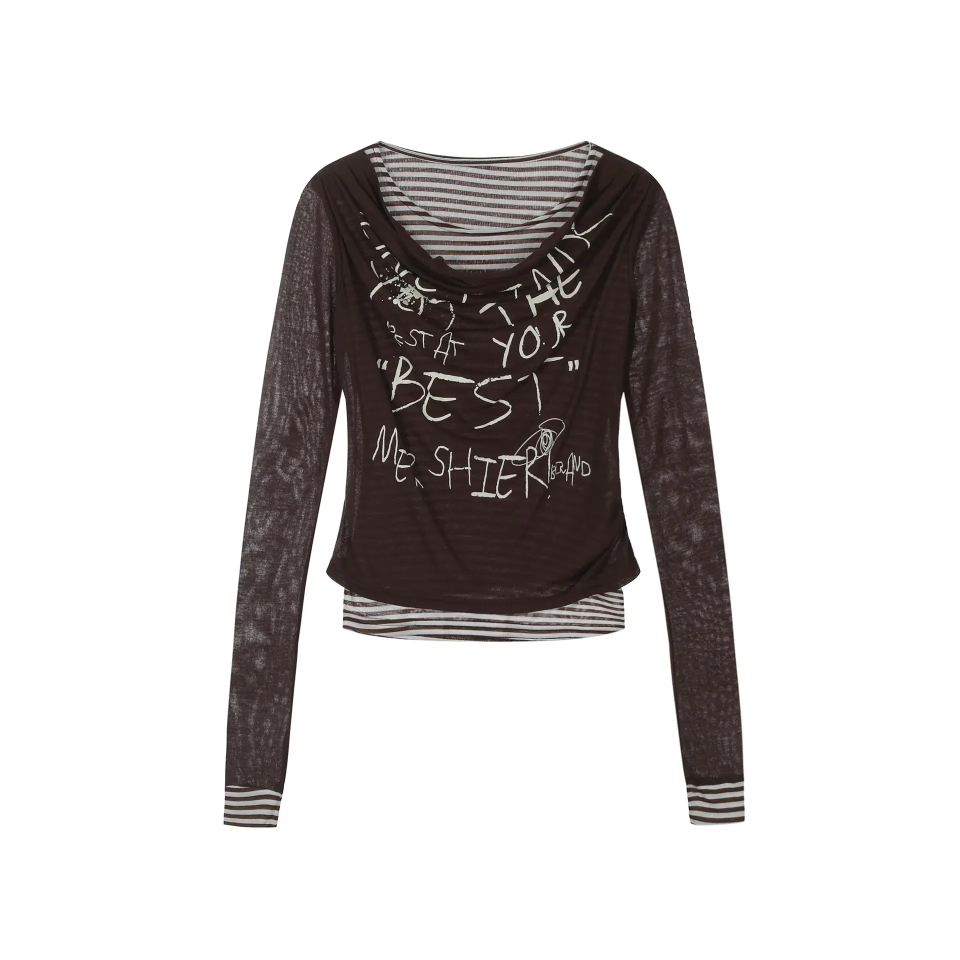 Spring 2025 American Style Long Sleeve Striped Slimming Mesh Cover T-Shirt Women Base Layer Shirt Trendy Brand Crew Neck Cotton