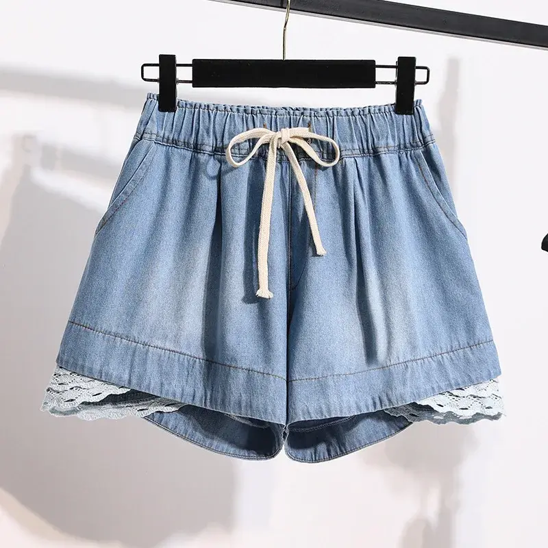 Loose Wide Leg Jeans Shorts Spring Korean Style Lace Trim Elastic Waist for plus Size Women up to 250 Pounds Comfortable Fit