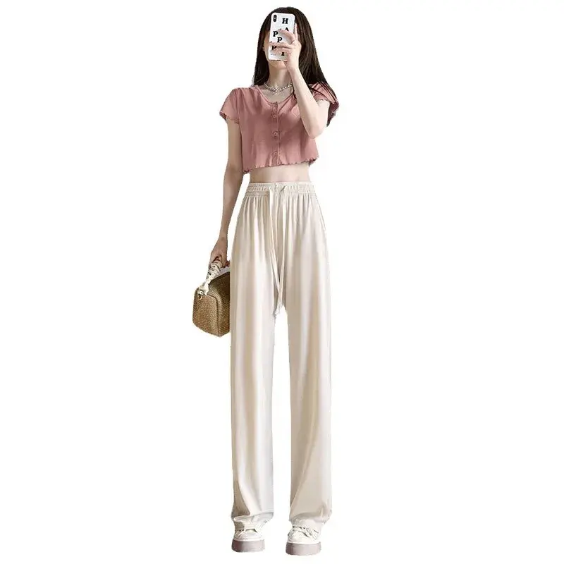 Gray Ice Silk Wide Leg Pants Women Summer Thin Cool High Waist Drape Loose Straight Casual Mosquito Proof Sun Protection Trouser