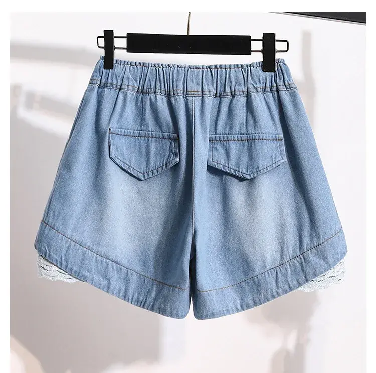 Loose Wide Leg Jeans Shorts Spring Korean Style Lace Trim Elastic Waist for plus Size Women up to 250 Pounds Comfortable Fit