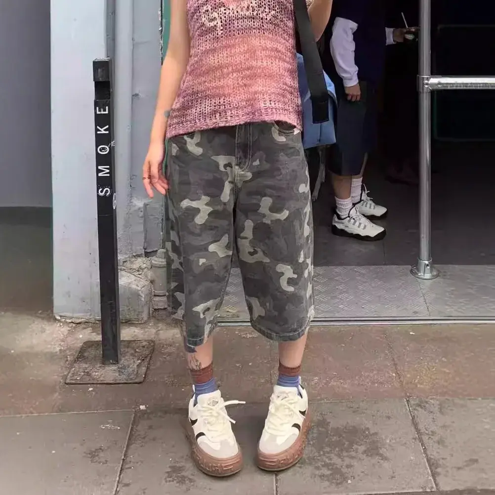American High Street Spicy Girl Camouflage Denim Shorts Women Summer Hip Hop Versatile Trendy Loose Straight Leg Seven Eights