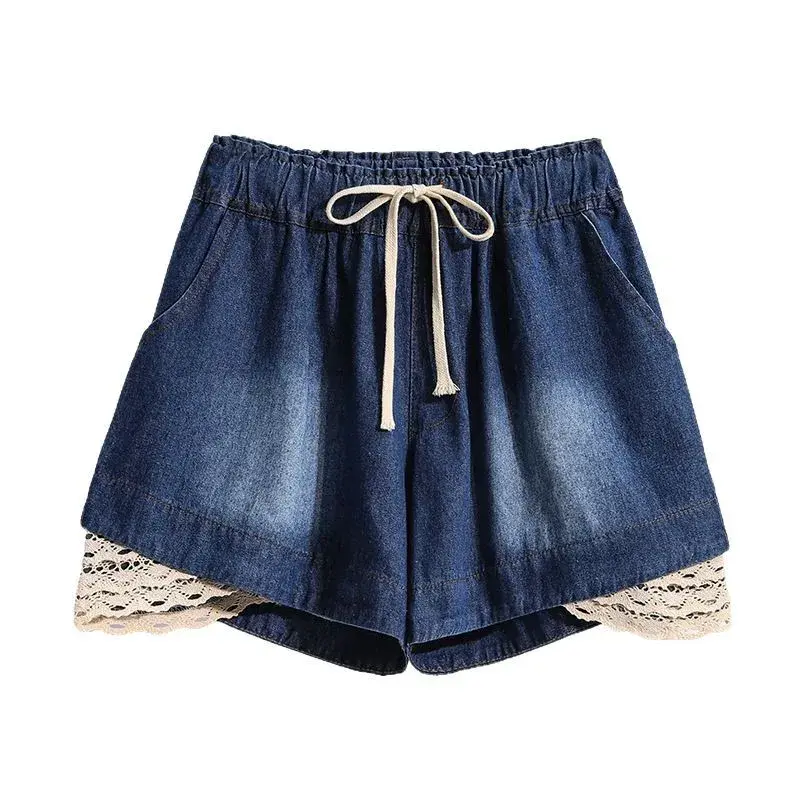 Loose Wide Leg Jeans Shorts Spring Korean Style Lace Trim Elastic Waist for plus Size Women up to 250 Pounds Comfortable Fit