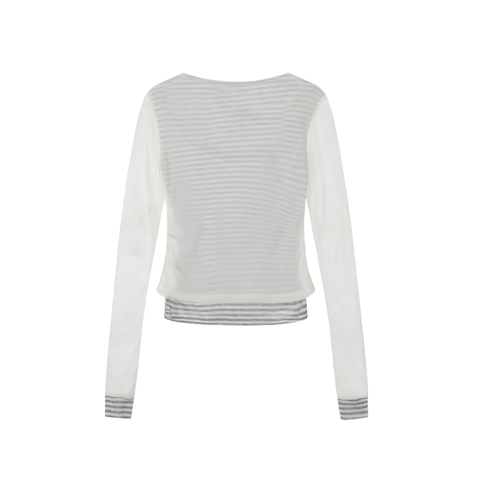 Spring 2025 American Style Long Sleeve Striped Slimming Mesh Cover T-Shirt Women Base Layer Shirt Trendy Brand Crew Neck Cotton