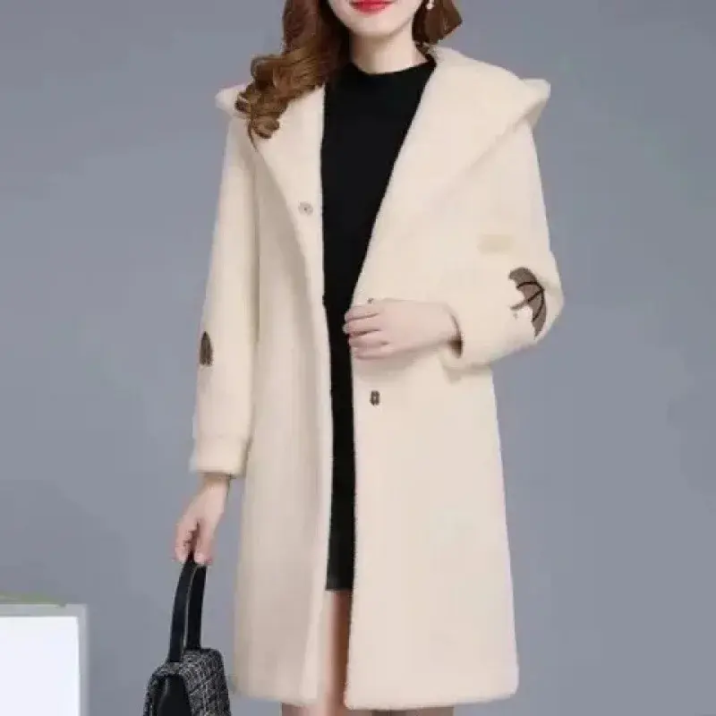 Autumn Winter Double-Sided Fleece Thickened Medium-Length Woolen Coat Women's Korean Version Embroidery Lazy Style Jacket