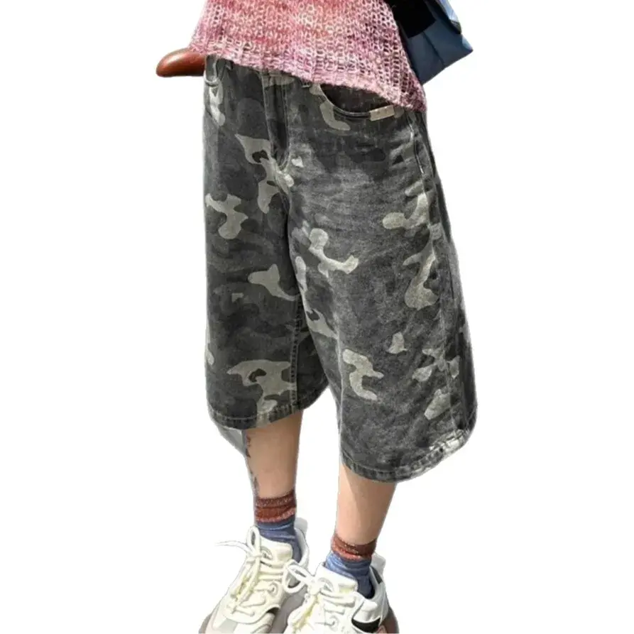 American High Street Spicy Girl Camouflage Denim Shorts Women Summer Hip Hop Versatile Trendy Loose Straight Leg Seven Eights