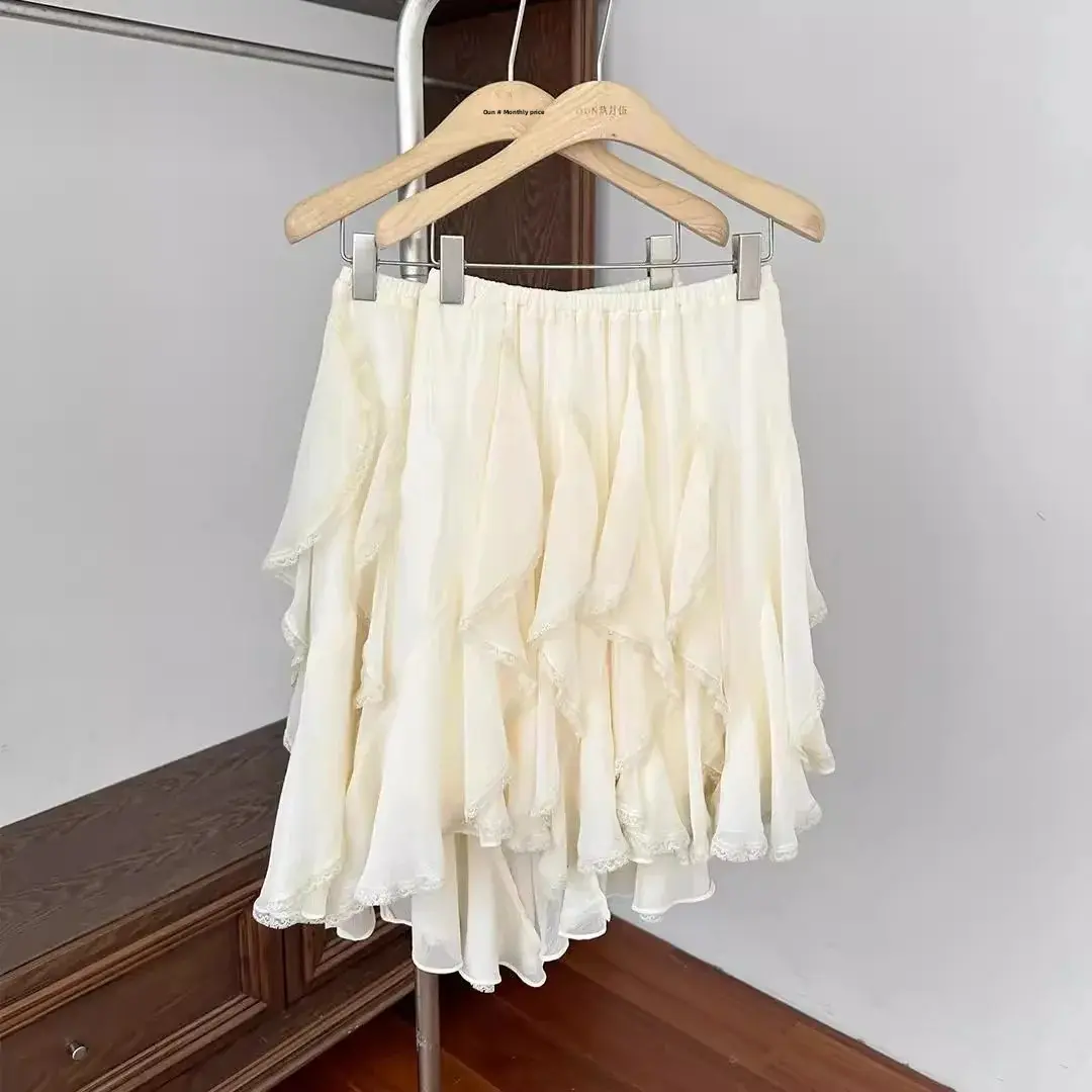 New High Waist A- Line Mini Skirt Lace Trim Elastic Waistband Sweet Fairy White Apricot Color Spandex Tencel Half Body Skirts