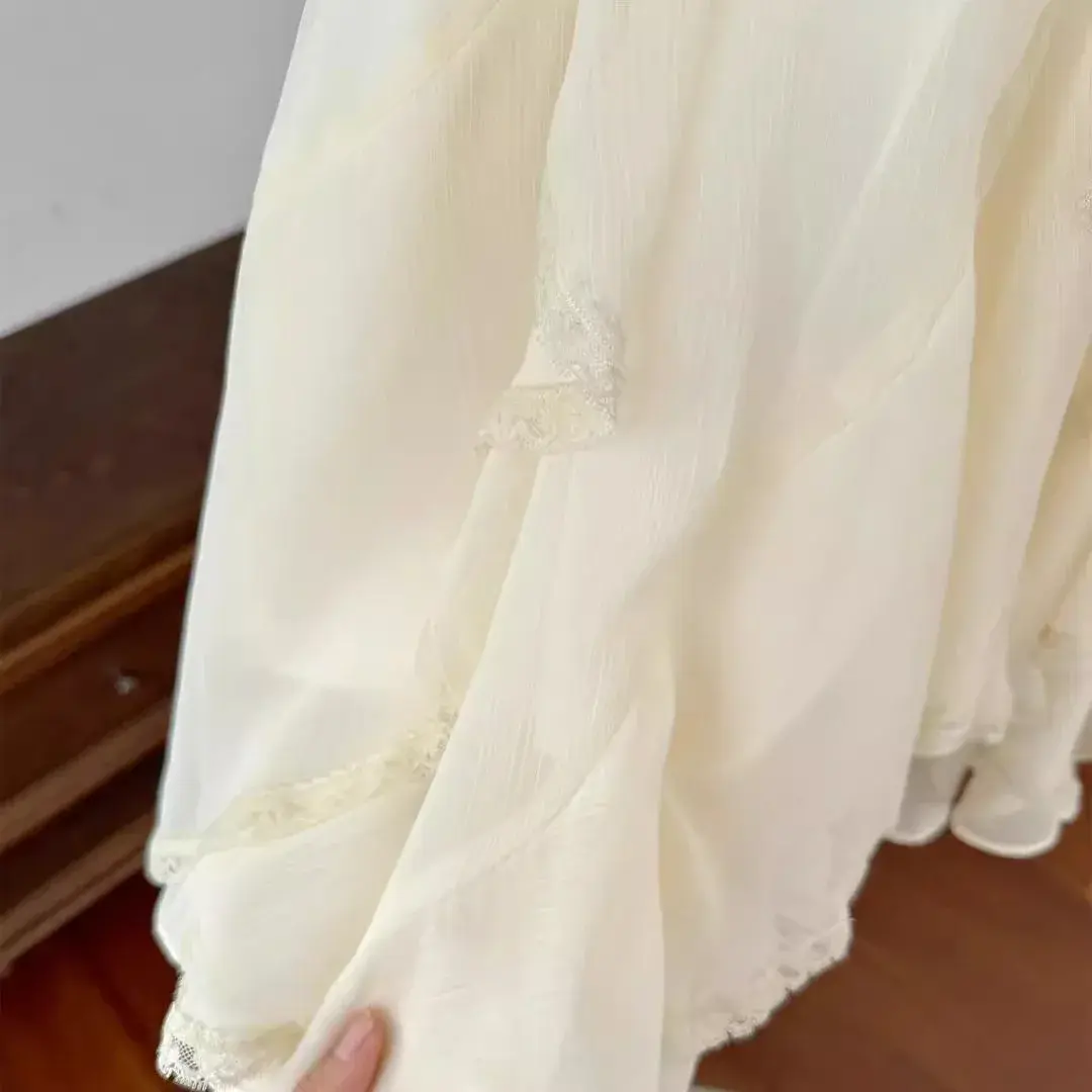 New High Waist A- Line Mini Skirt Lace Trim Elastic Waistband Sweet Fairy White Apricot Color Spandex Tencel Half Body Skirts
