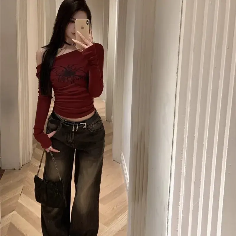 Women's Early Autumn Spicy Chic Slim Fit T-Shirt Off-Shoulder Cropped Top Base Layer Smooths Your Silhouette Slimming