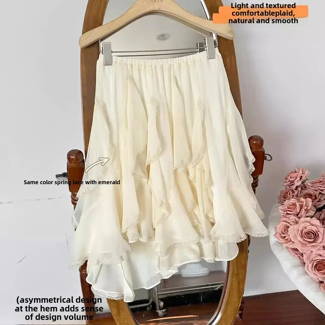 New High Waist A- Line Mini Skirt Lace Trim Elastic Waistband Sweet Fairy White Apricot Color Spandex Tencel Half Body Skirts