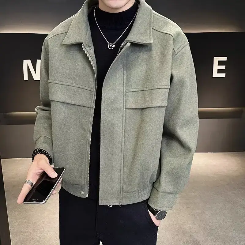 Men's Autumn Winter 2023 New High-end Feeling Cropped Woolen Jacket Casual Style Loose Fit Sweater Coat