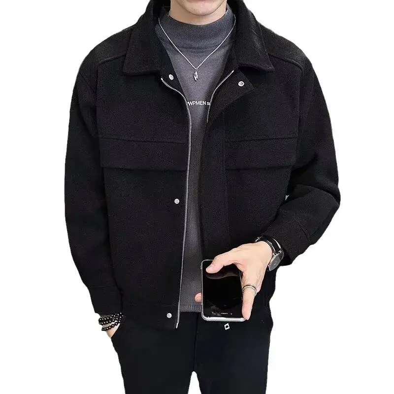 Men's Autumn Winter 2023 New High-end Feeling Cropped Woolen Jacket Casual Style Loose Fit Sweater Coat