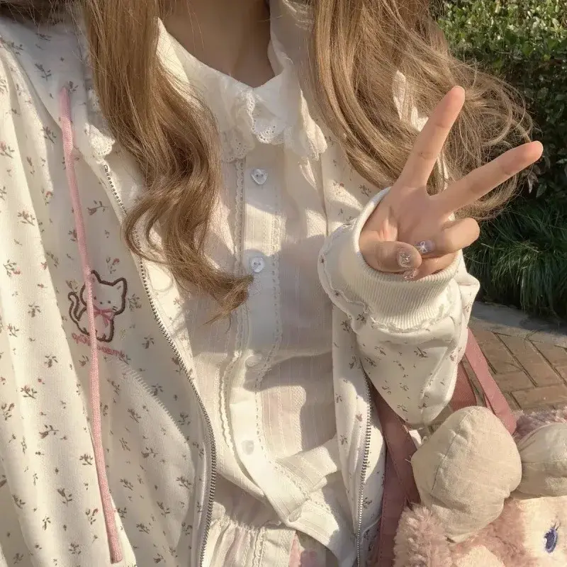 Cuteage-reducing Cat Embroidery Sweatshirt Jacket Loose Fit Hooded Zip-up Cardigan 2024 Spring Summer Japanese Style