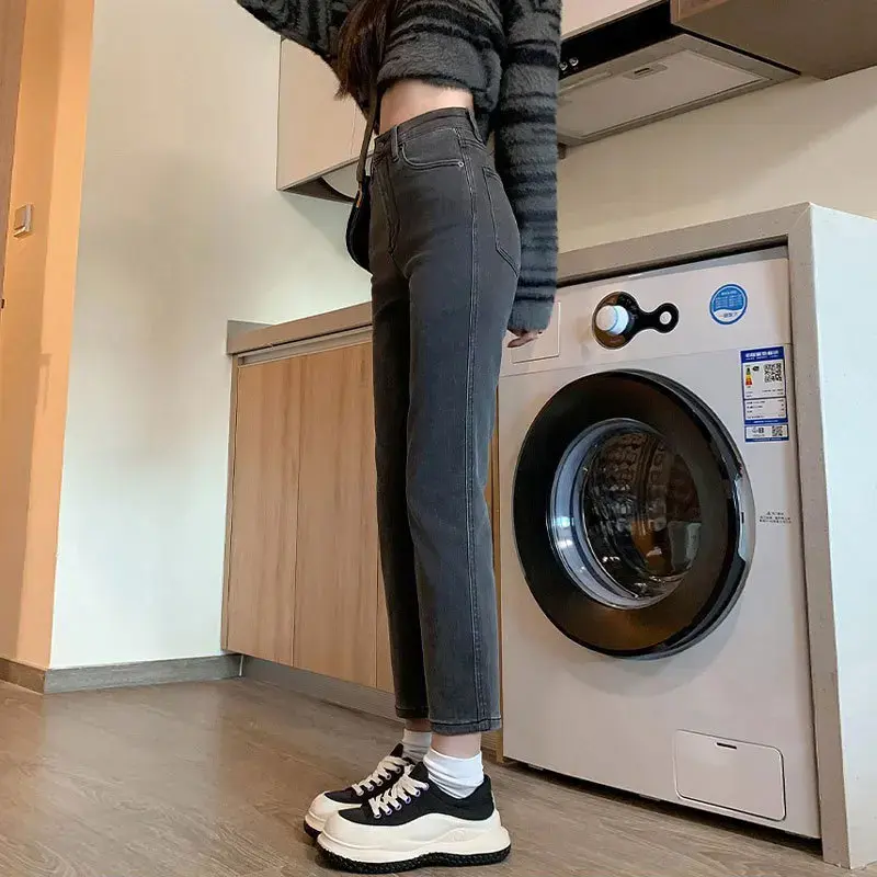 Charcoal Grey High-waist Straight-leg Jeans For Women Versatile Slimming Autumn/winter Pants