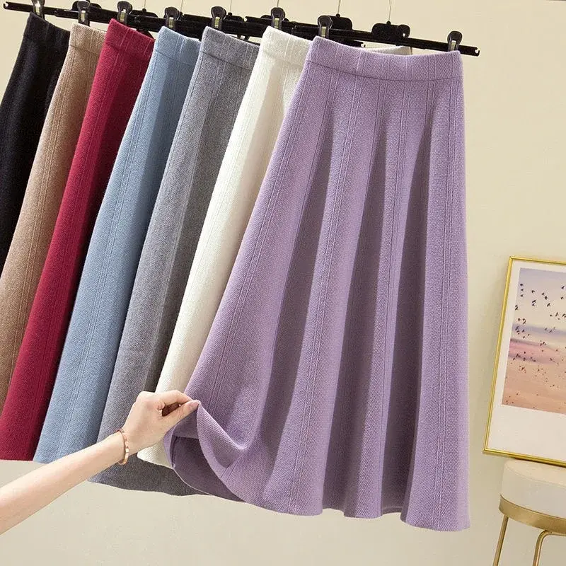 Fashionable Thickened Knitted Midi Skirt Autumn Winter plus Size A- Line Base Layer Skirt for Plump Sisters Slimming Effect