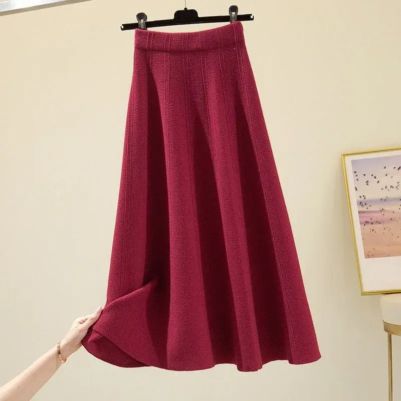 Fashionable Thickened Knitted Midi Skirt Autumn Winter plus Size A- Line Base Layer Skirt for Plump Sisters Slimming Effect