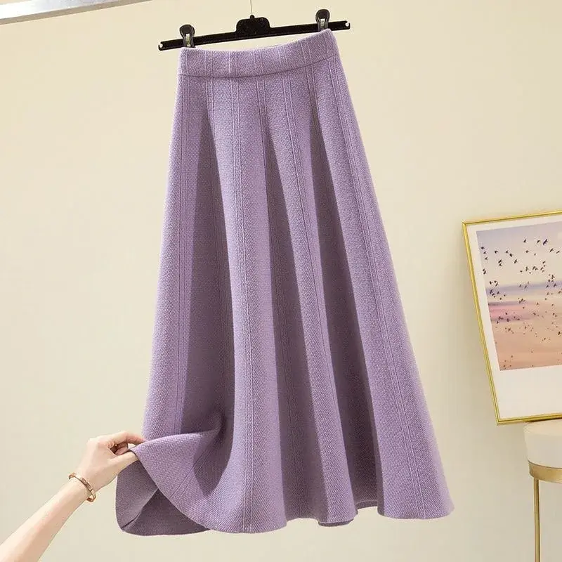 Fashionable Thickened Knitted Midi Skirt Autumn Winter plus Size A- Line Base Layer Skirt for Plump Sisters Slimming Effect