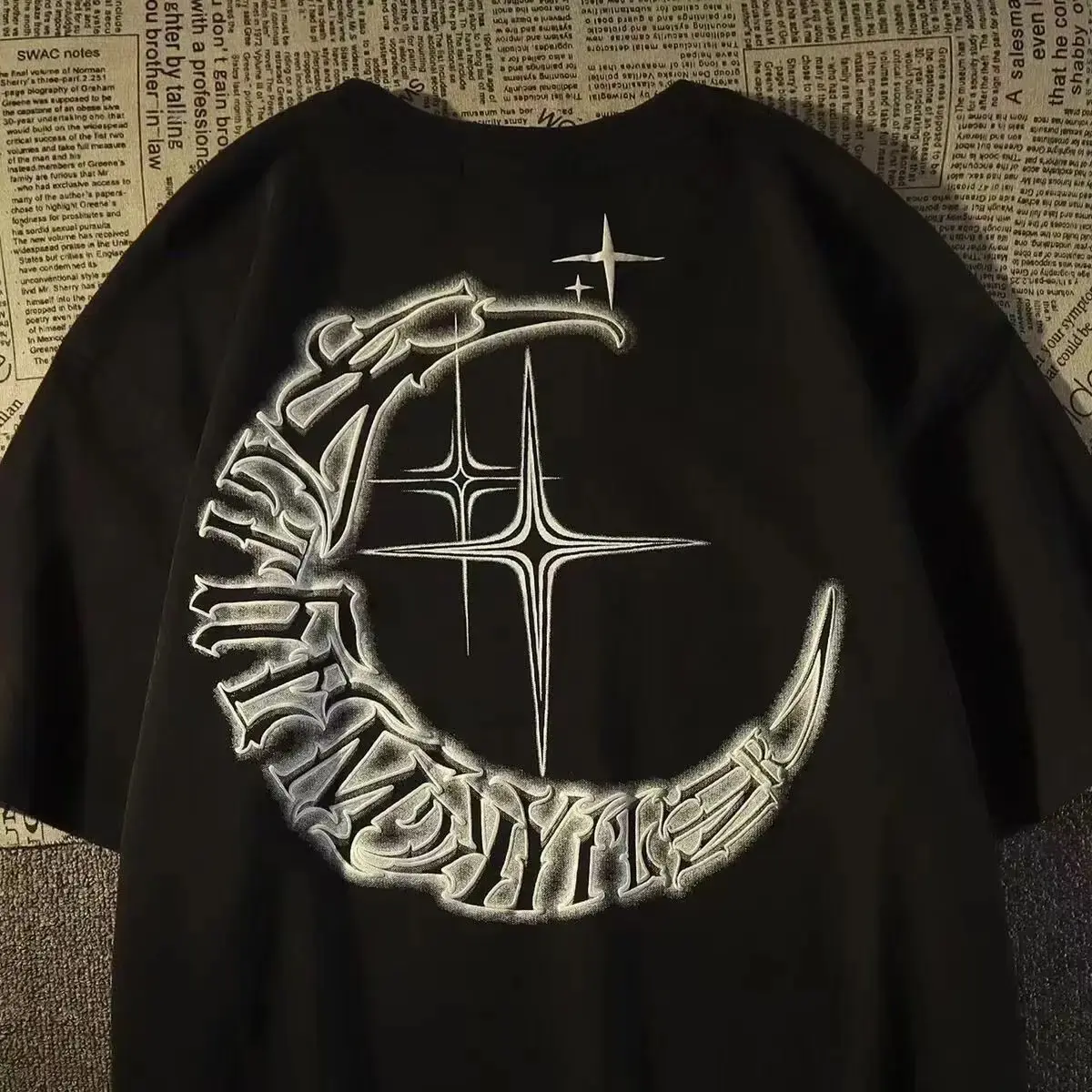 Trendy American Style Moon Star Print Short Sleeve Women's T-Shirt Summer New Arrival European Street Hip Hop Top Crew Neck Desi