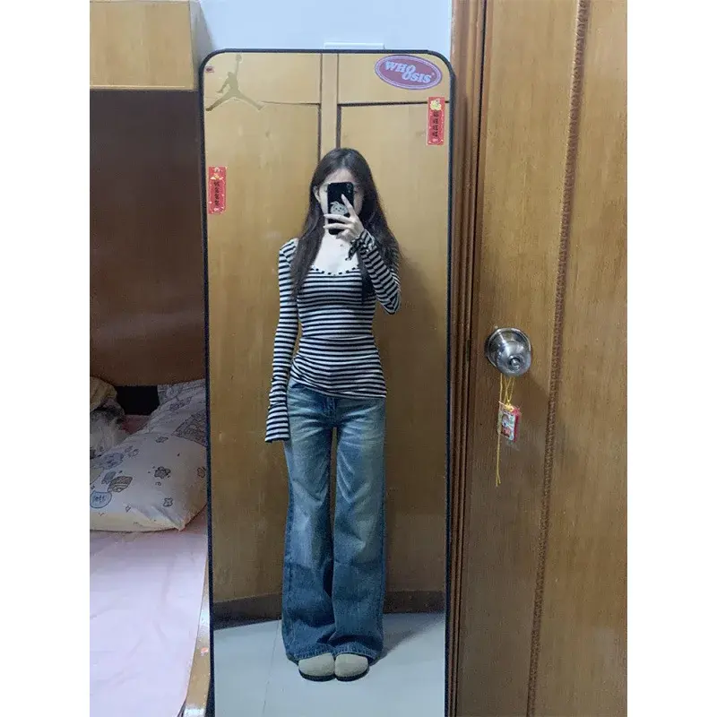 American Style Button-Up Striped Spicy Girl Big V-Neck Long Sleeve T-Shirt Women's Spring Autumn Slimming Elegant Pure Desire Ba