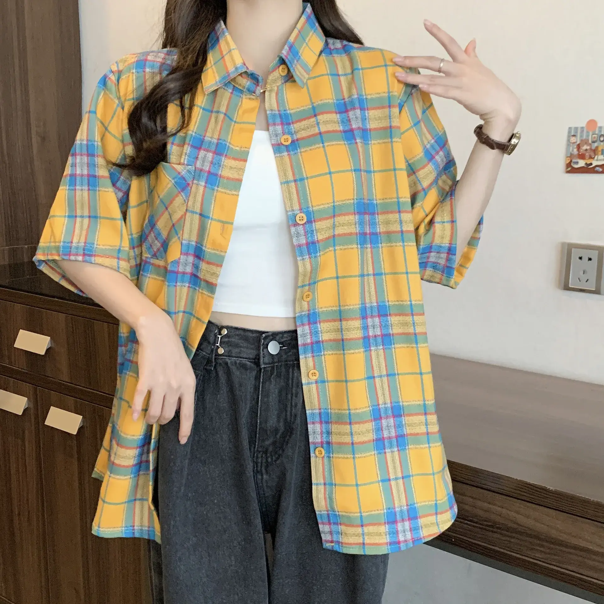 Original Cotton Yellow Plaid Summer Short Sleeve Shirt Loose Casual Outerwear for Couples Boyfriend Style Trendy Brand