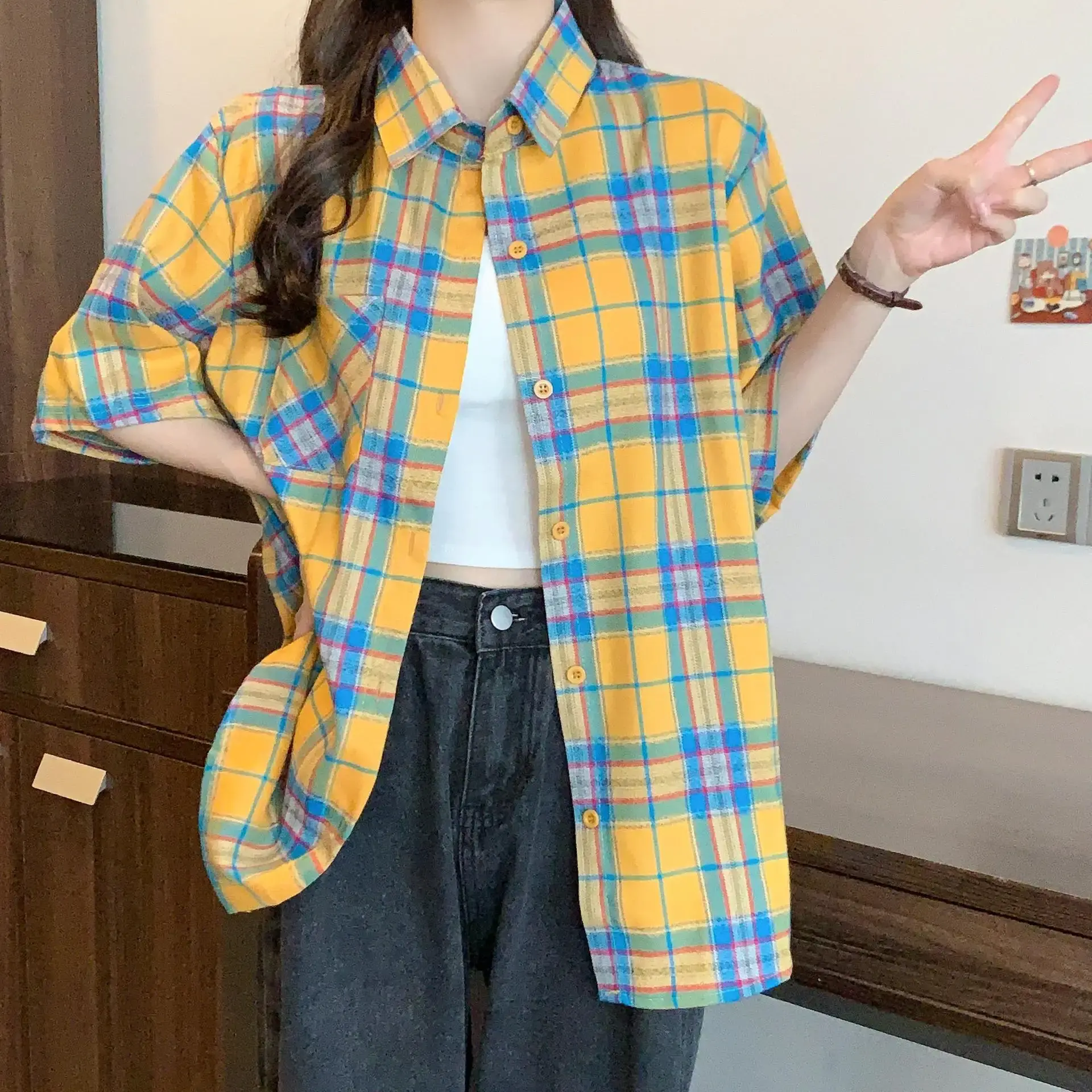 Original Cotton Yellow Plaid Summer Short Sleeve Shirt Loose Casual Outerwear for Couples Boyfriend Style Trendy Brand