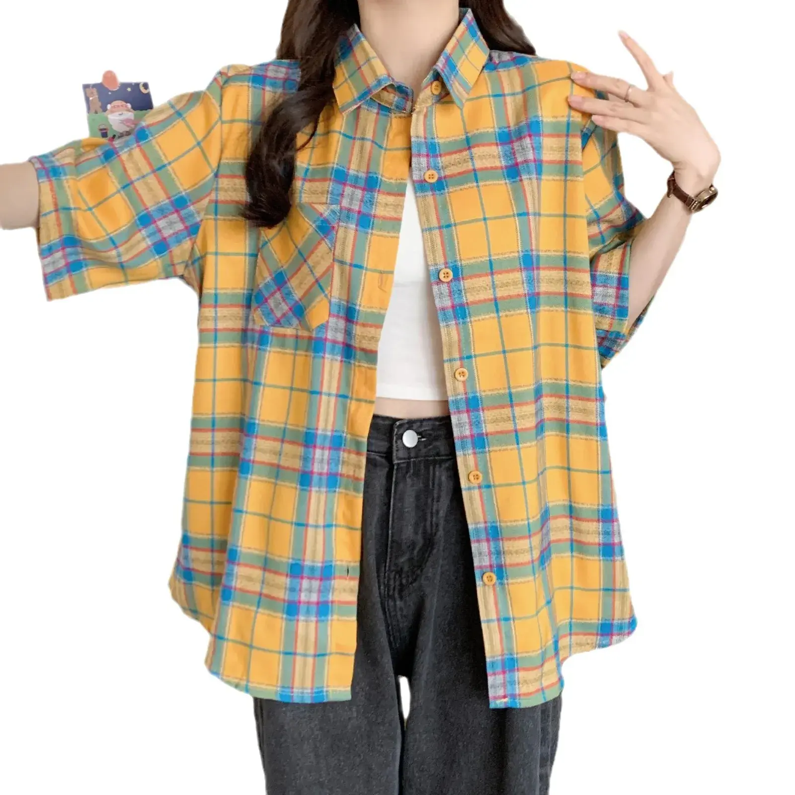 Original Cotton Yellow Plaid Summer Short Sleeve Shirt Loose Casual Outerwear for Couples Boyfriend Style Trendy Brand