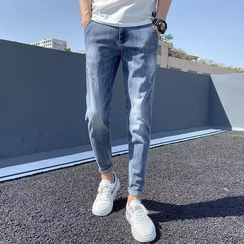 2024 Spring Jeans Men's Slim Fit Korean Style Youth Casual Trousers Lightweight Stretchy Denim Trousers For Teens