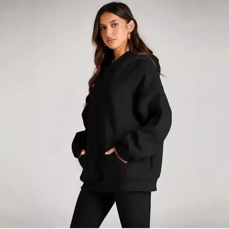 Fashionable Autumn Winter Women's Hooded Pullover Polo Shirt Long Sleeve Fleece Casual Style Oversized Sweater Coat With Pocket