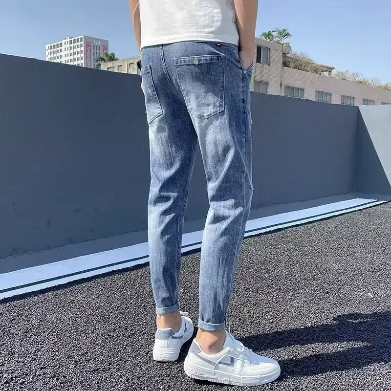 2024 Spring Jeans Men's Slim Fit Korean Style Youth Casual Trousers Lightweight Stretchy Denim Trousers For Teens