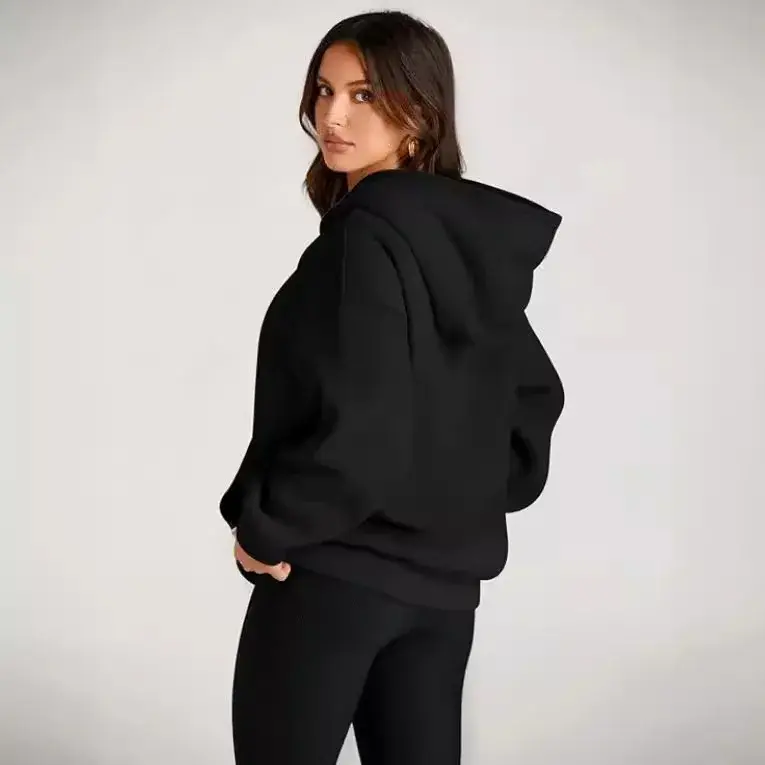 Fashionable Autumn Winter Women's Hooded Pullover Polo Shirt Long Sleeve Fleece Casual Style Oversized Sweater Coat With Pocket
