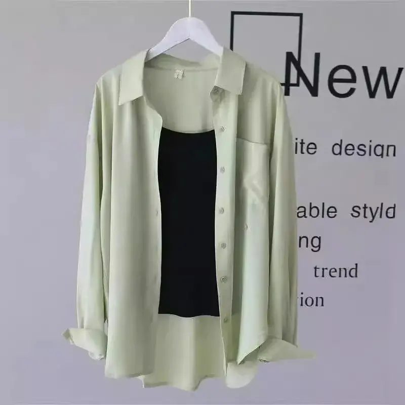 Sun Protection Loose Fit Thin Chiffon Women's Casual Shirt with Button Spring Summer Autumn Drapey Easy Care Outerwear