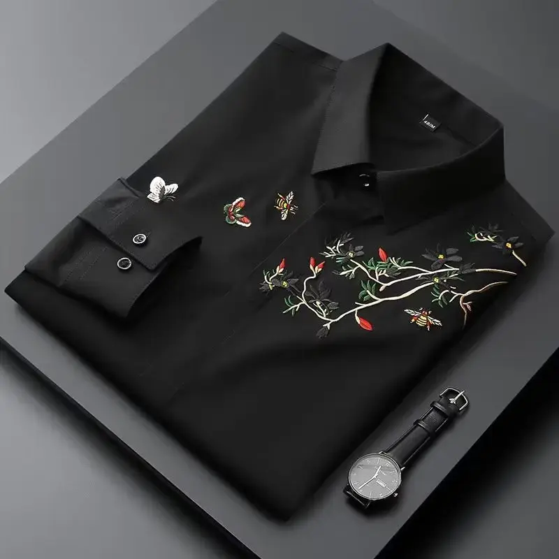 Men's Long Sleeve Embroidered White Shirt Casual Trendy Top Chinese Style Slim Fit Shirt No Ironing Needed Autumn Season