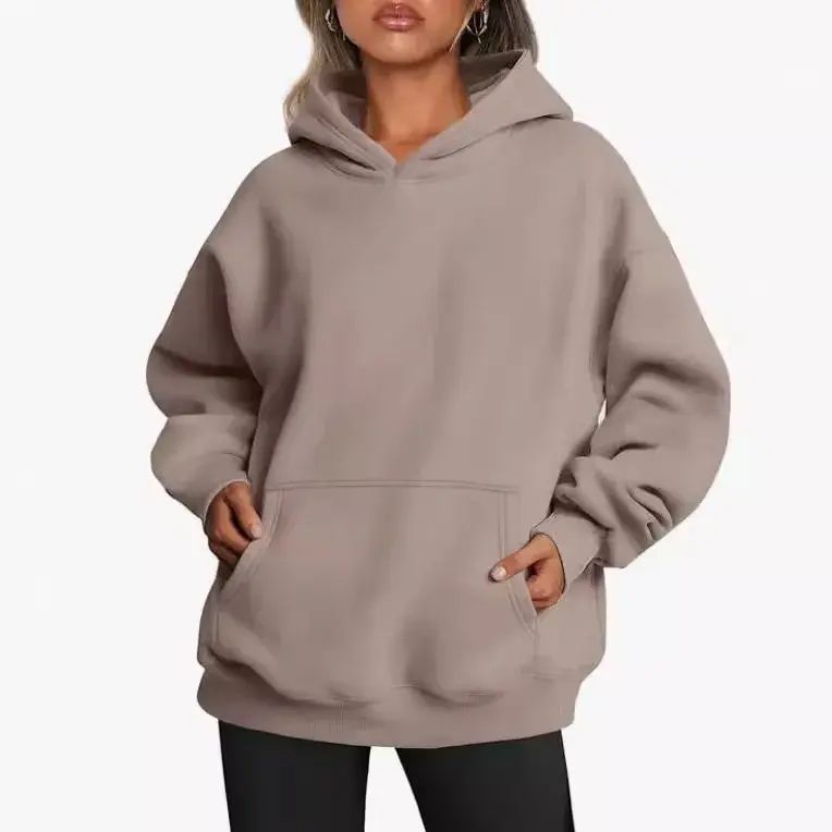 Fashionable Autumn Winter Women's Hooded Pullover Polo Shirt Long Sleeve Fleece Casual Style Oversized Sweater Coat With Pocket