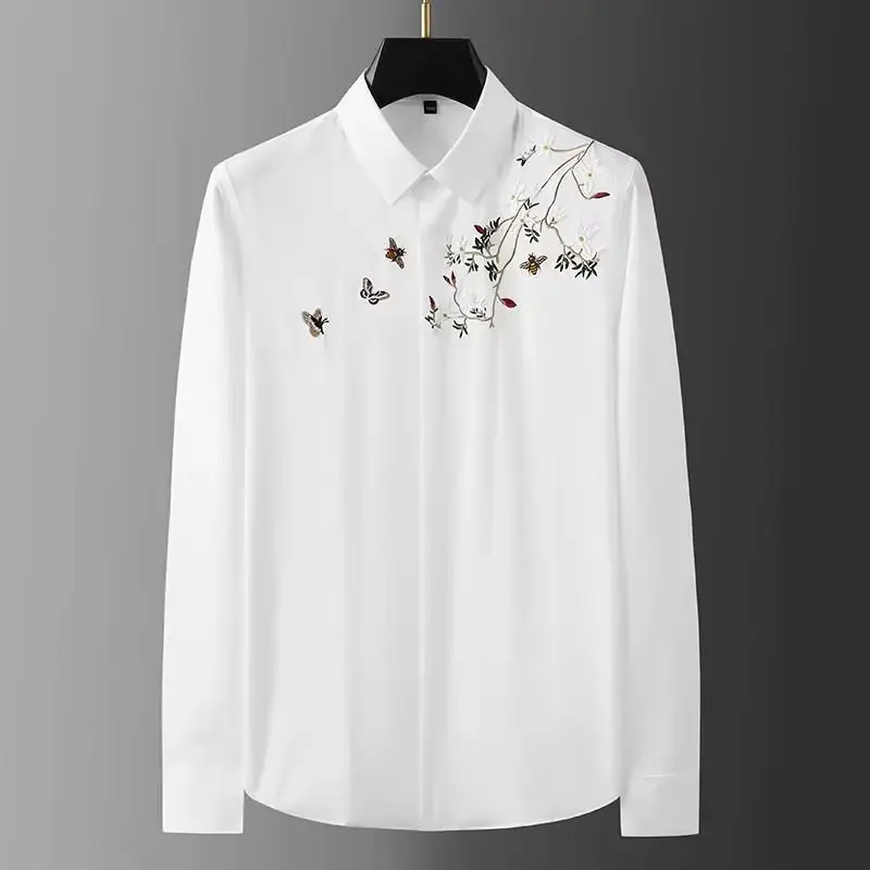 Men's Long Sleeve Embroidered White Shirt Casual Trendy Top Chinese Style Slim Fit Shirt No Ironing Needed Autumn Season