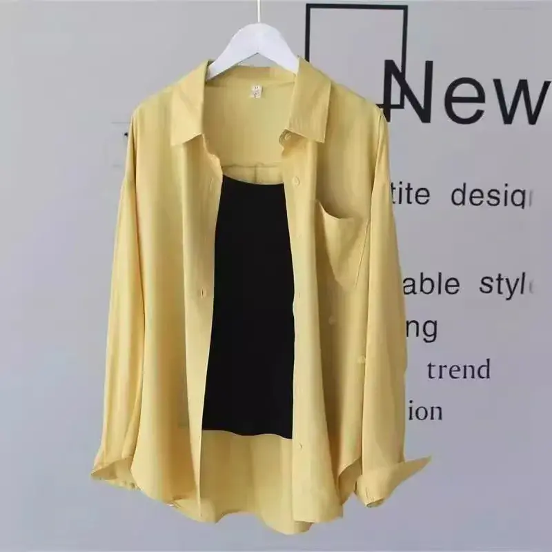 Sun Protection Loose Fit Thin Chiffon Women's Casual Shirt with Button Spring Summer Autumn Drapey Easy Care Outerwear