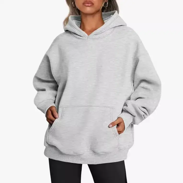 Fashionable Autumn Winter Women's Hooded Pullover Polo Shirt Long Sleeve Fleece Casual Style Oversized Sweater Coat With Pocket