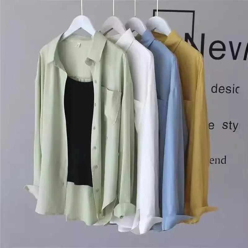 Sun Protection Loose Fit Thin Chiffon Women's Casual Shirt with Button Spring Summer Autumn Drapey Easy Care Outerwear