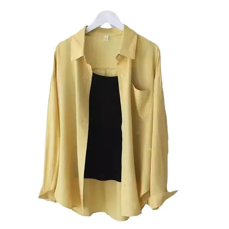Sun Protection Loose Fit Thin Chiffon Women's Casual Shirt with Button Spring Summer Autumn Drapey Easy Care Outerwear