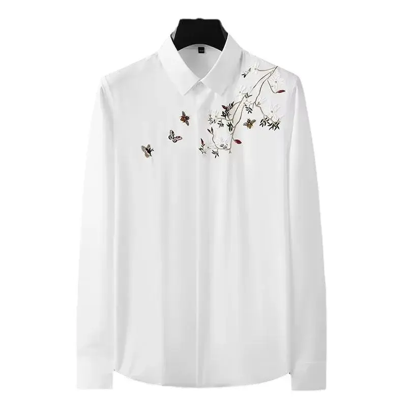 Men's Long Sleeve Embroidered White Shirt Casual Trendy Top Chinese Style Slim Fit Shirt No Ironing Needed Autumn Season