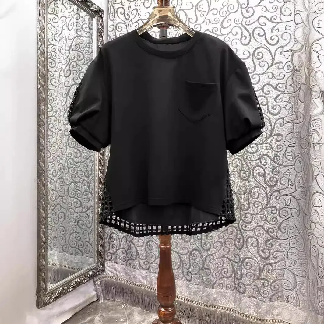 2024 Summer New European Style Women's Clothing Round Neck Short Sleeves Stylish Top Back Hollow Out Patchwork Cotton T-Shirt