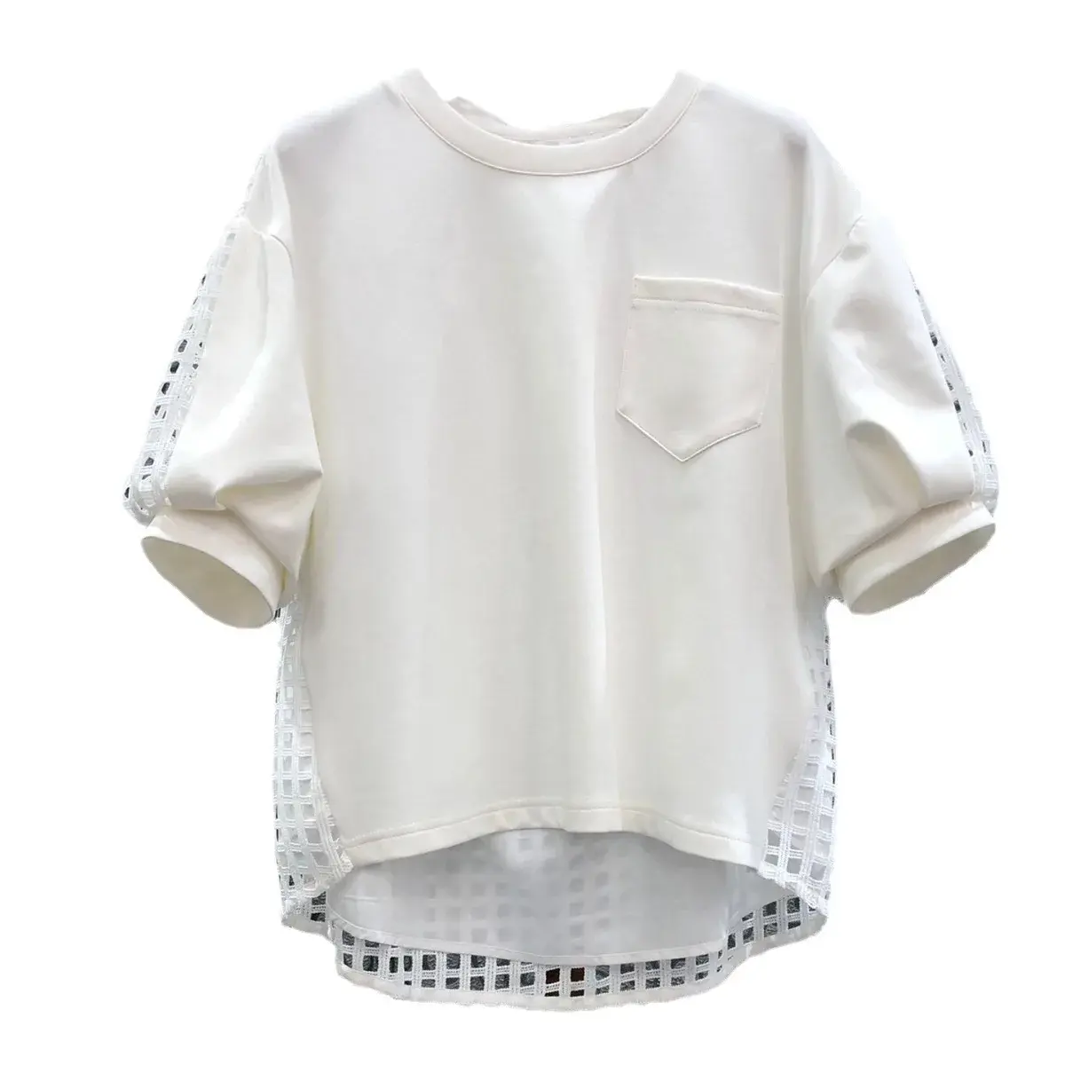 2024 Summer New European Style Women's Clothing Round Neck Short Sleeves Stylish Top Back Hollow Out Patchwork Cotton T-Shirt