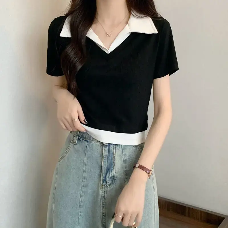 Color Block Short Sleeve Shirt Women Summer Slim Fit Stand Collar Top Fashionable Fake Two-Piece Elegant Short Length T-Shirt