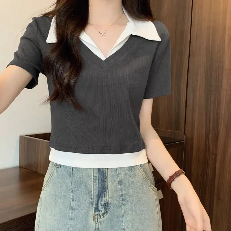 Color Block Short Sleeve Shirt Women Summer Slim Fit Stand Collar Top Fashionable Fake Two-Piece Elegant Short Length T-Shirt