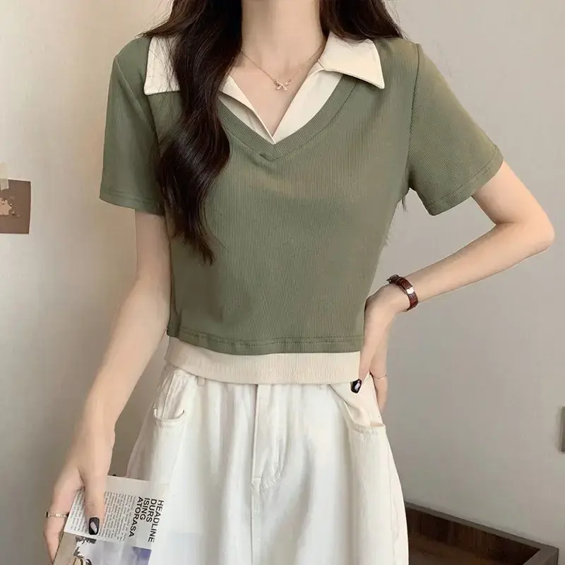 Color Block Short Sleeve Shirt Women Summer Slim Fit Stand Collar Top Fashionable Fake Two-Piece Elegant Short Length T-Shirt