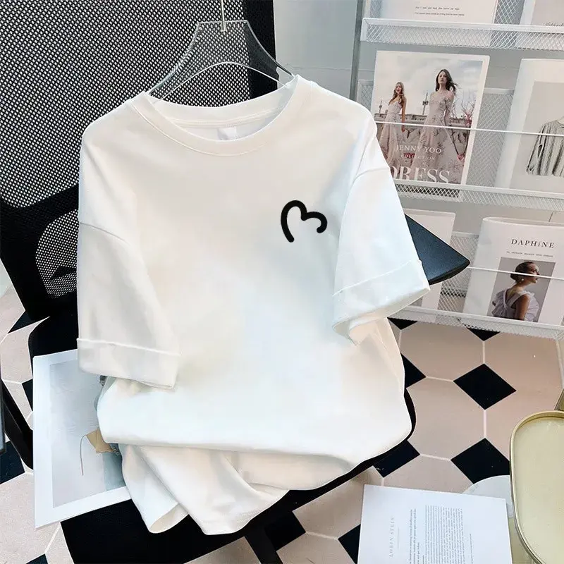 Klein Blue Women's Short Sleeve T-Shirt Loose Fit Cotton Summer New Style White Half Sleeve Crew Neck Top Comfortable Casual Wea